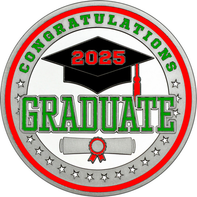 Green "Congratulations Graduate" with Red 2025, Rim, Tassel & Ribbon